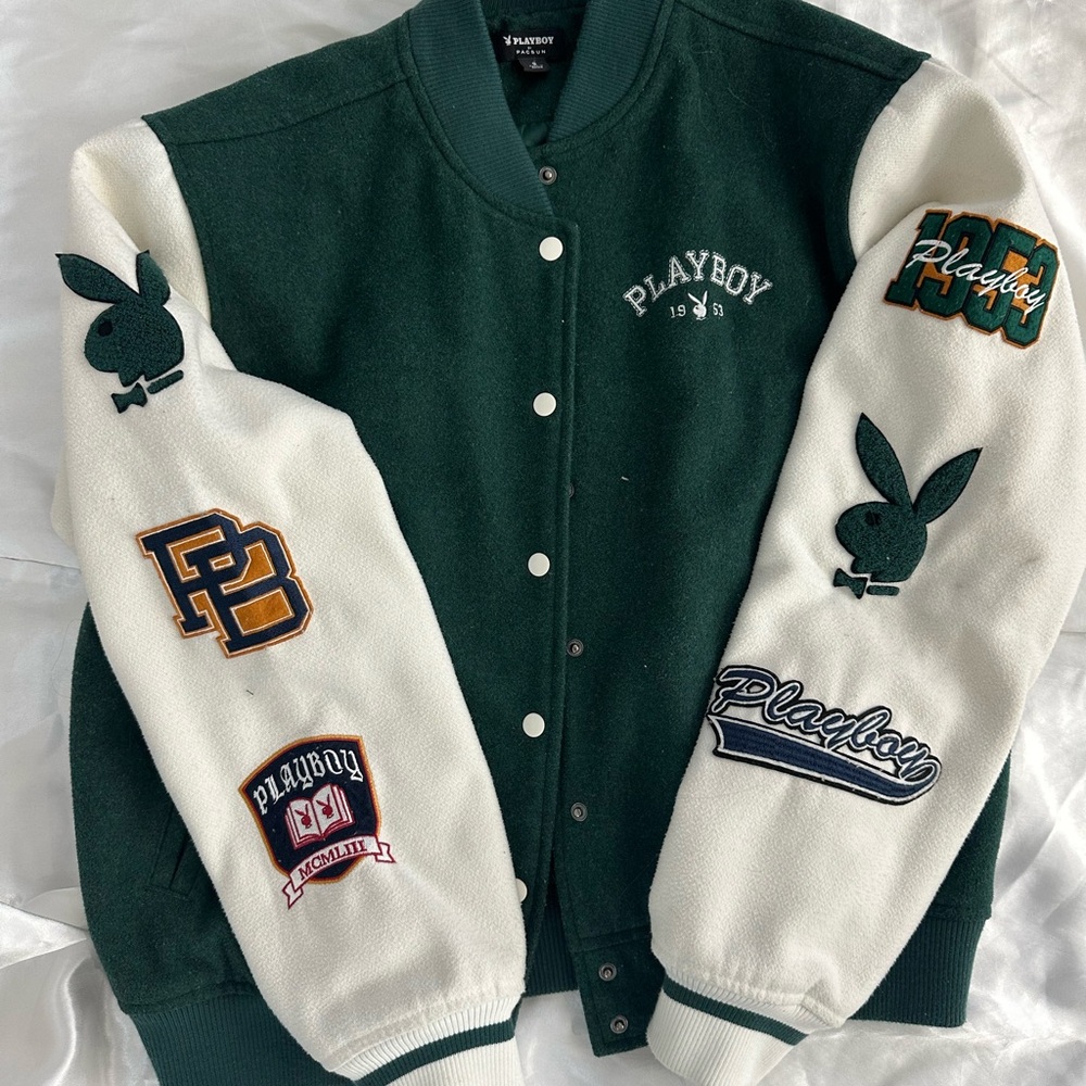PLAYBOY Varsity Bomber Green White Jacket with Unique Patches